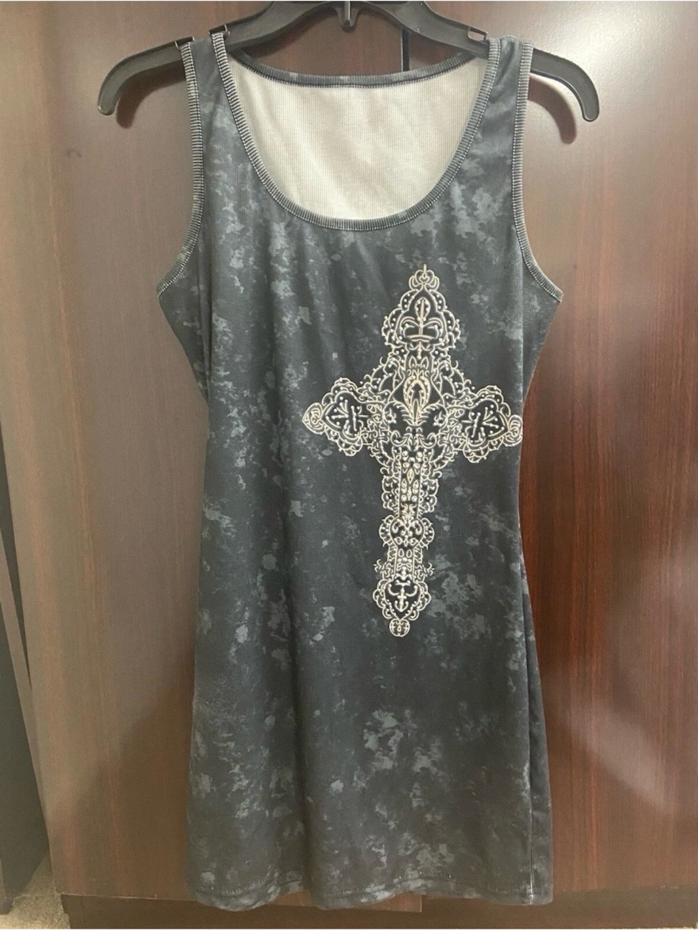 Sleeveless Black Tank Dress with Ornate Cross Detail